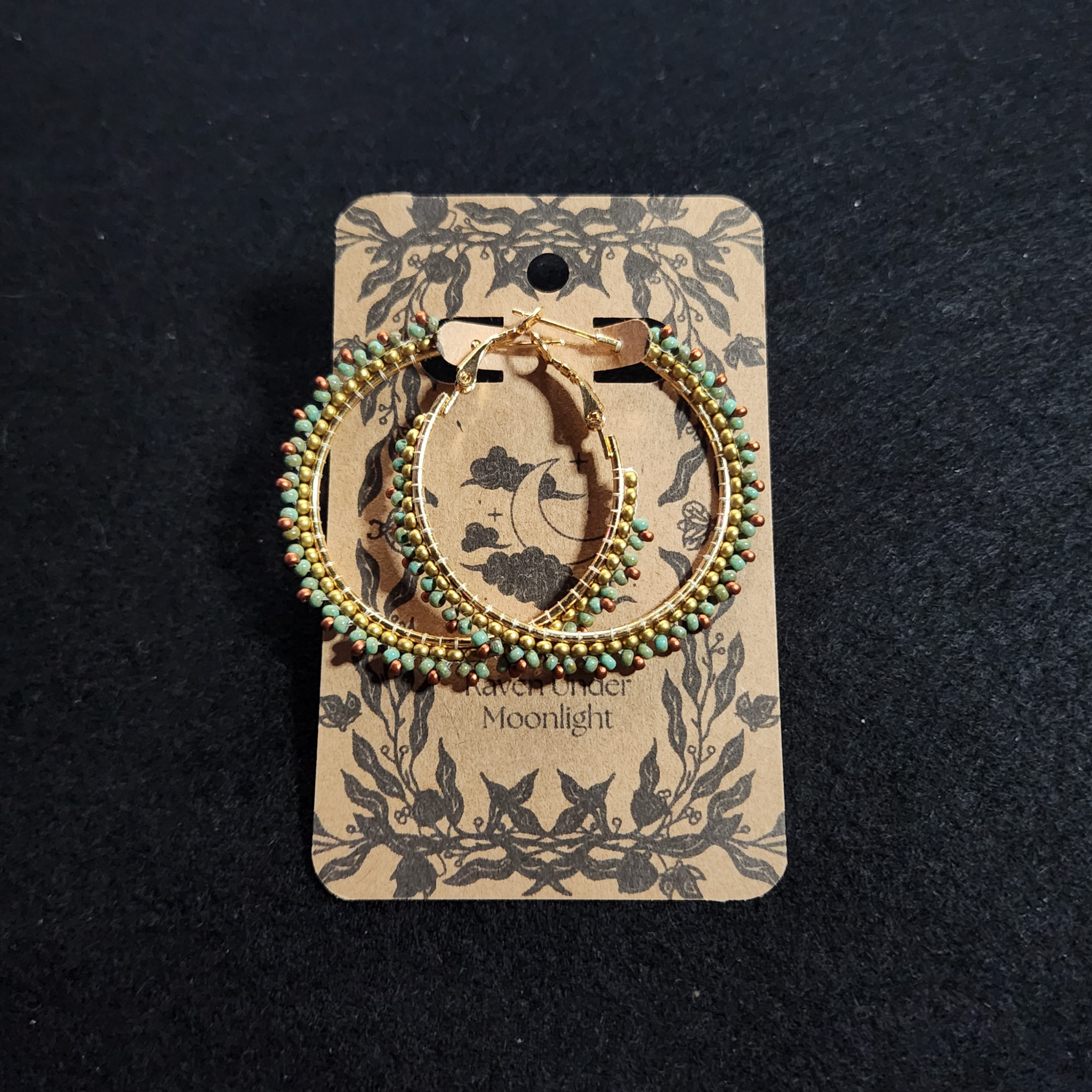 Green Earthy Tones - Gold Beaded Hoops 40mm
