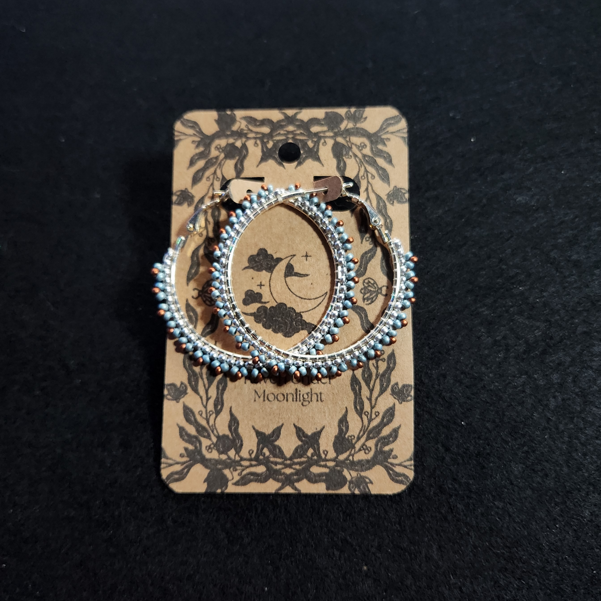 Metallic Blue & Coffee - Silver Beaded Hoops 40mm