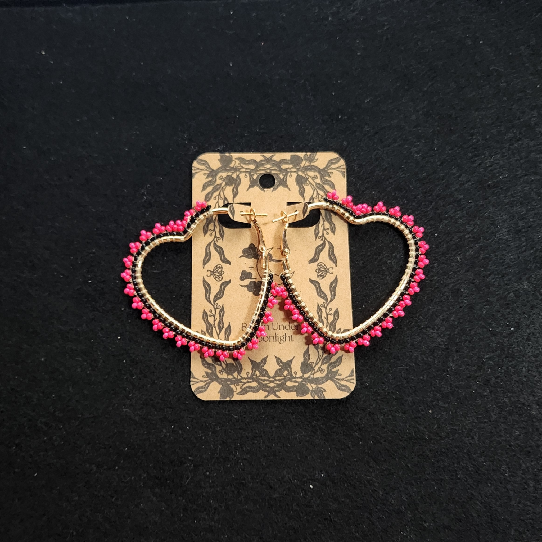 Electric Love in Pink - Gold Beaded Heart Hoops