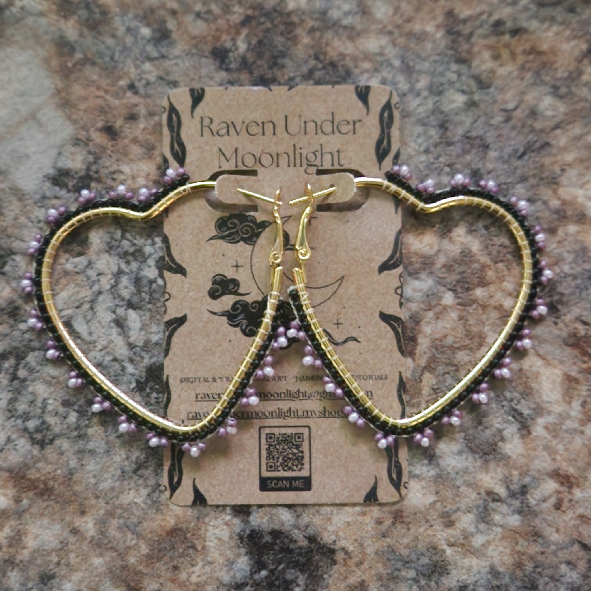 Purple Love - Gold Beaded Heart Hoops