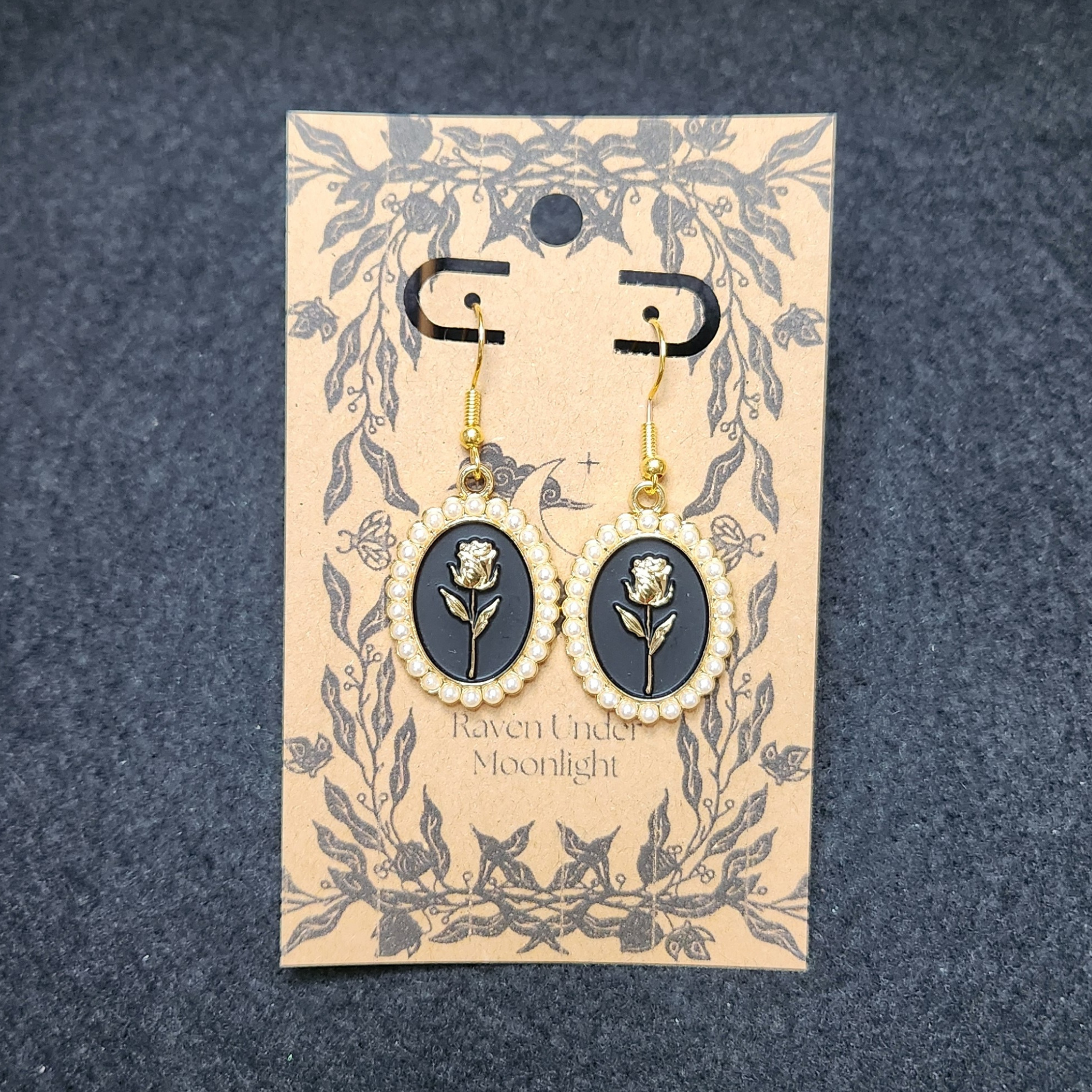 Pearl Framed Rose Dangles (Black)