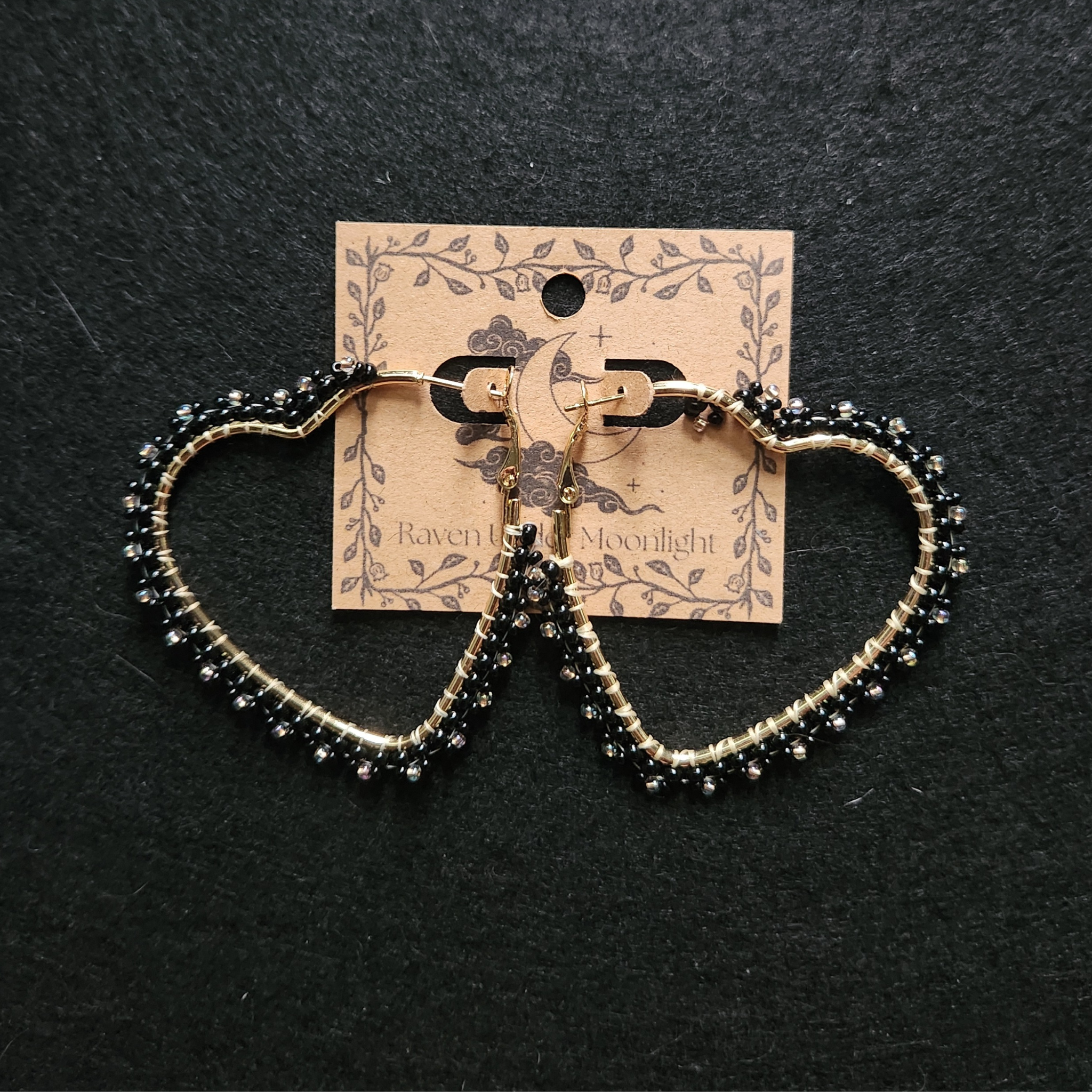 Dark Crystal - Gold Beaded Heart Hoops
