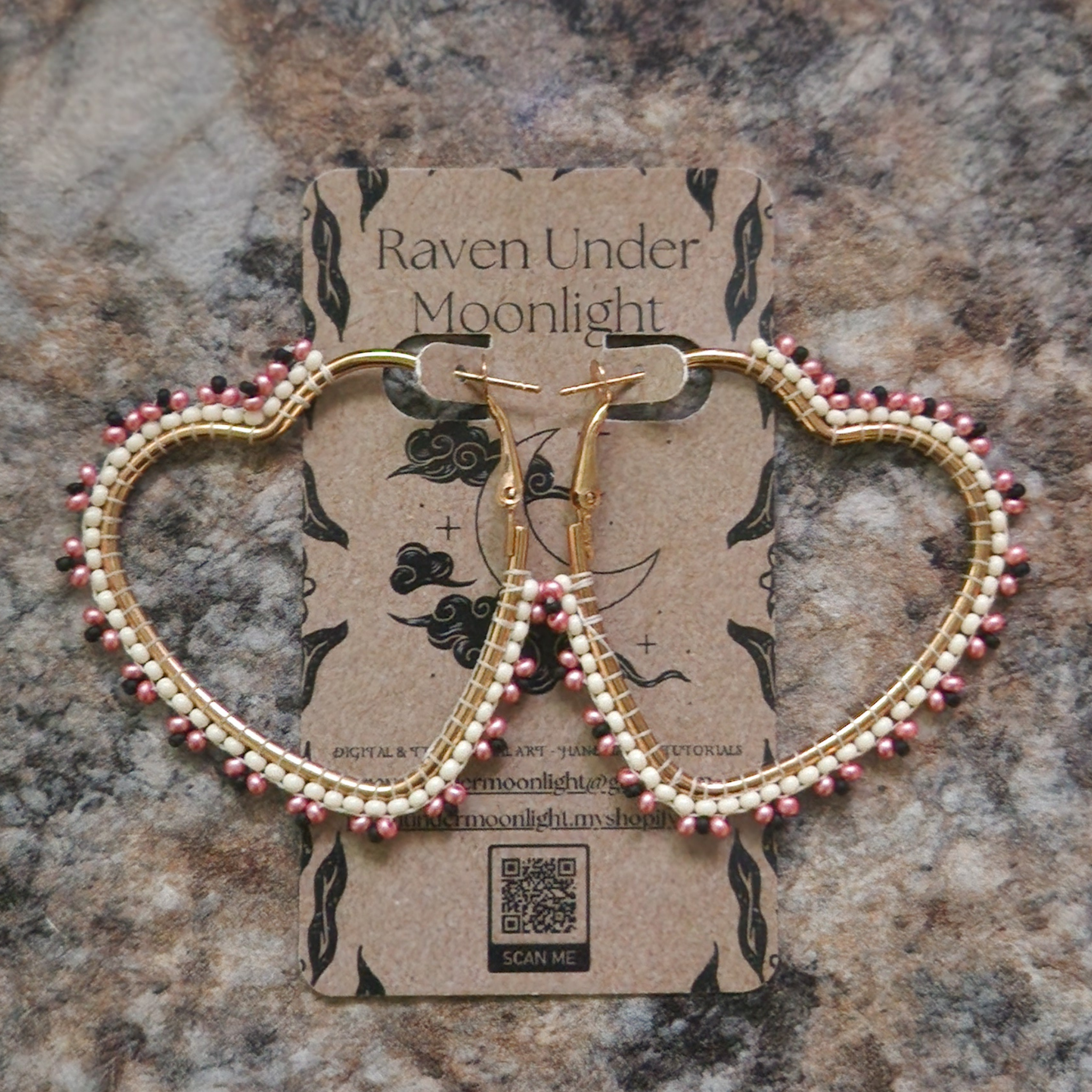 Pink & Black - Gold Beaded Heart Hoops
